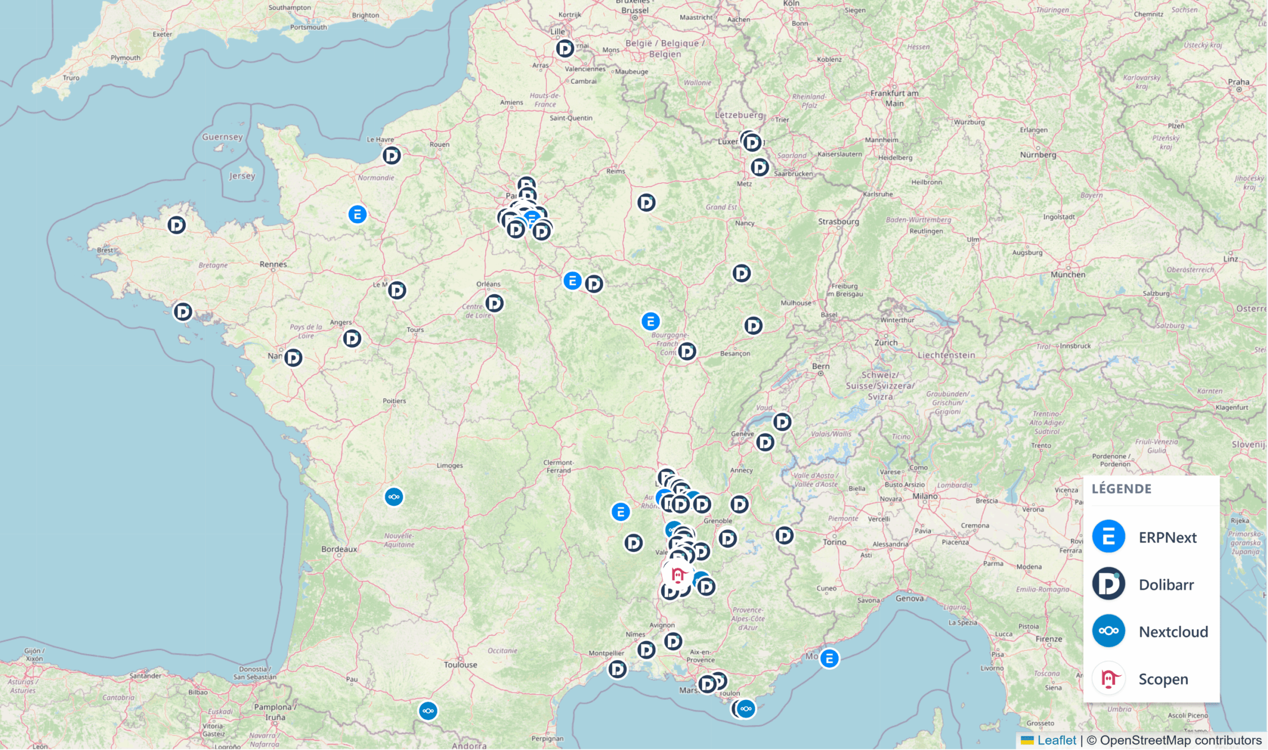 Carte présentant la répartition géographique des clients de Scopen