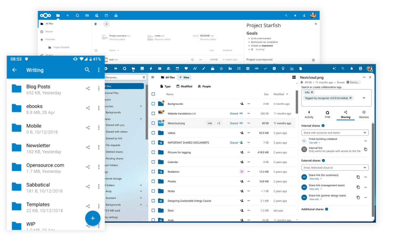 Illustration d'écrans pour Nextcloud